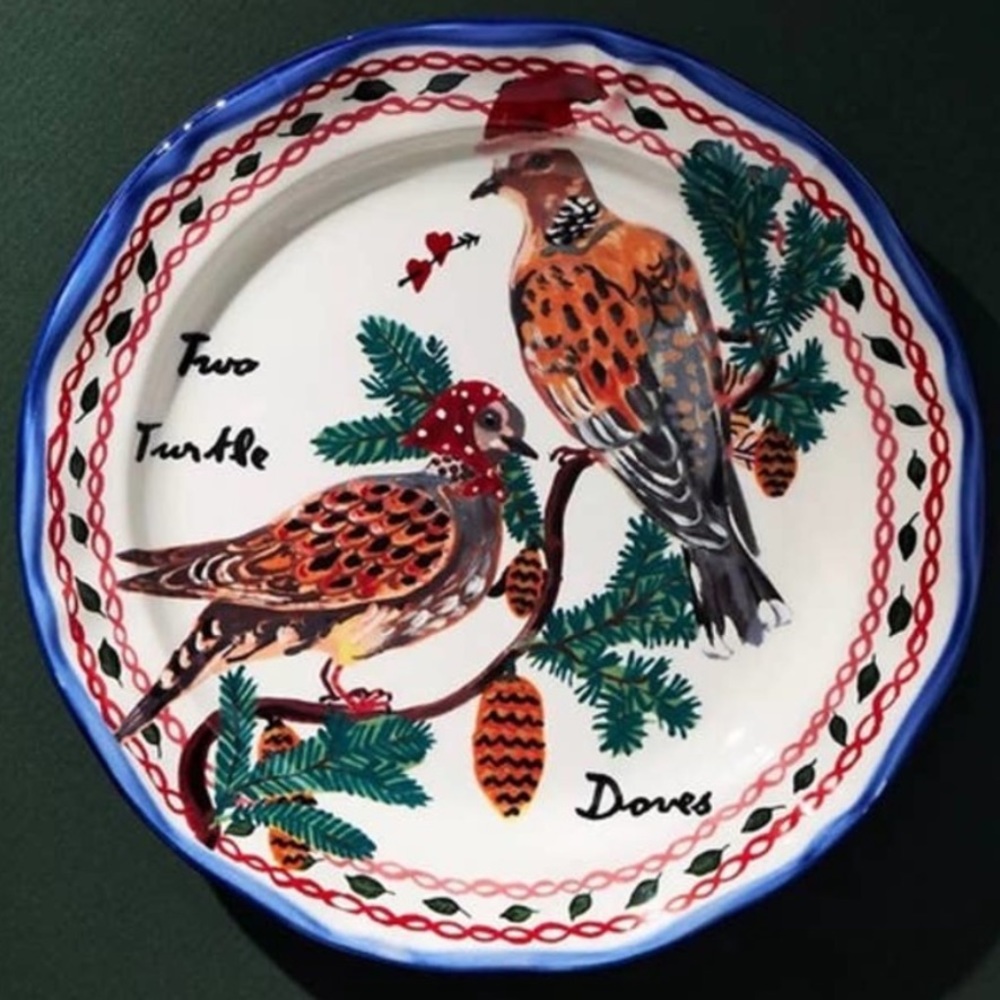 ANTHROPOLOGIE Nathalie Lete Twelve Days of Christmas Dessert Plate Turtle Doves